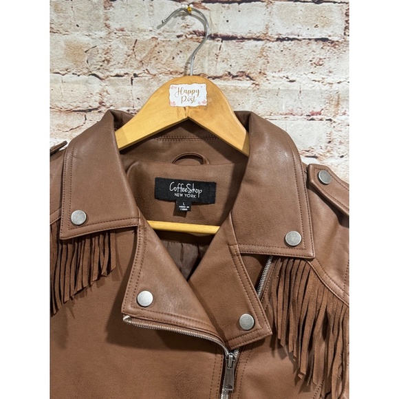 CoffeeShop Junior's Brown Faux Leather Fringe Moto Jacket Size L - Picture 6 of 9